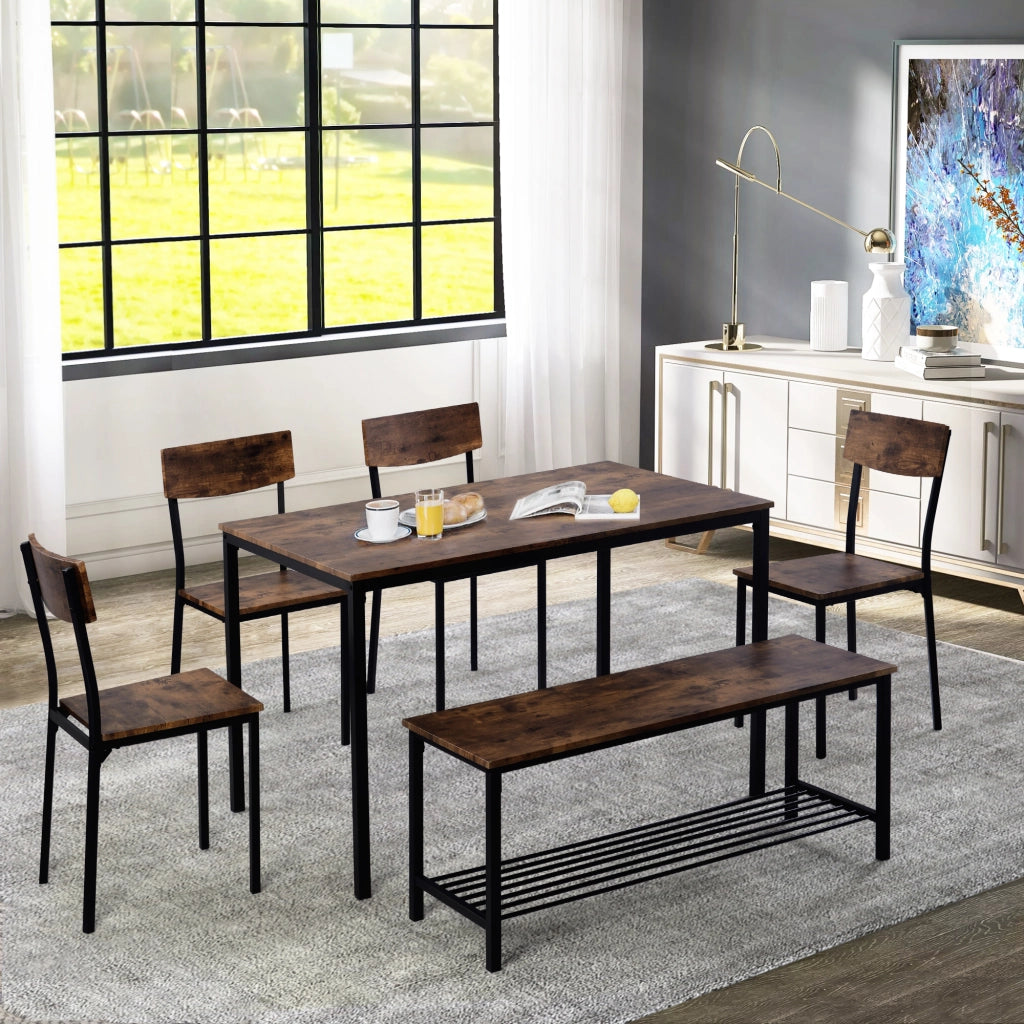 Set tavolo da pranzo con 4 sedie e sgabello marrone in MDF e acciaio
