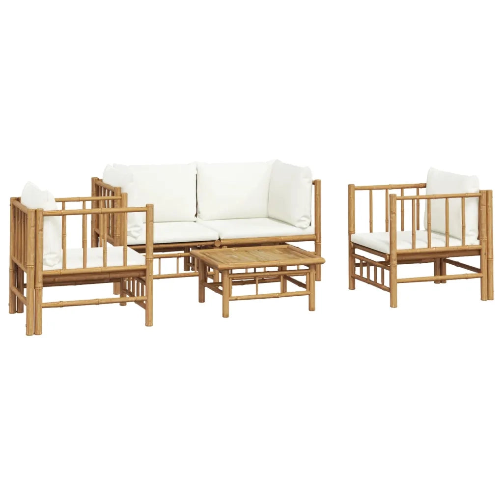 Set Salotto da Giardino 5pz con Cuscini Bianco Crema in Bambù 3155185