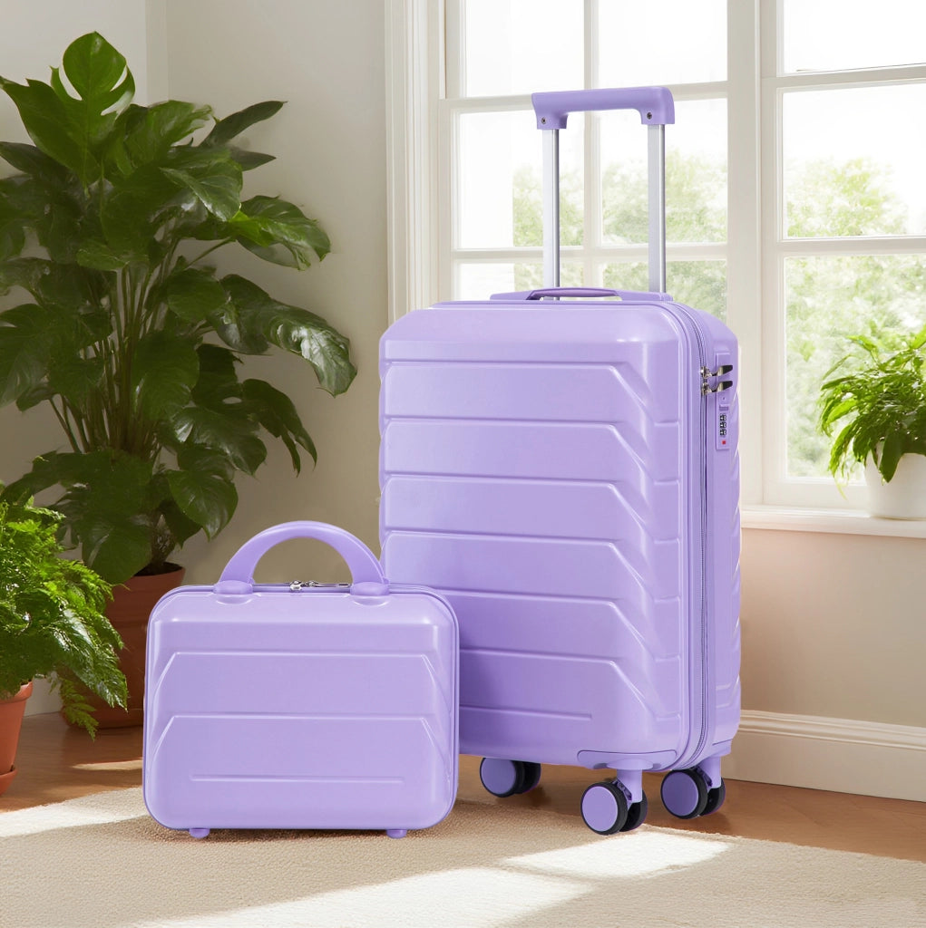 Set valigie rigide ABS blu e viola con trolley 14" e 19", con lucchetto a combinazione e beauty case 14"
