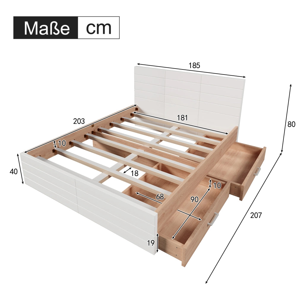 Letto matrimoniale 180x200 con due cassetti bianco e rovere