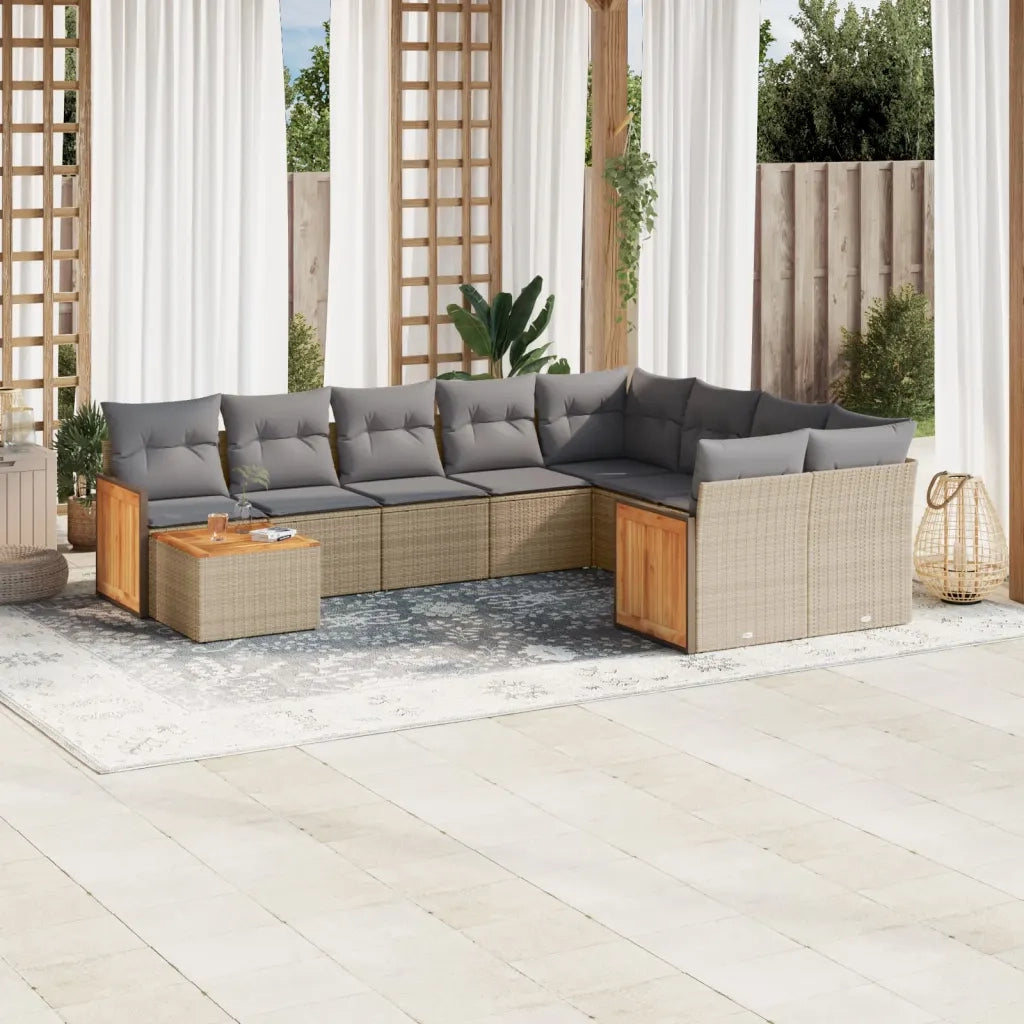 Set Divano da Giardino 10 pz con Cuscini Beige in Polyrattan