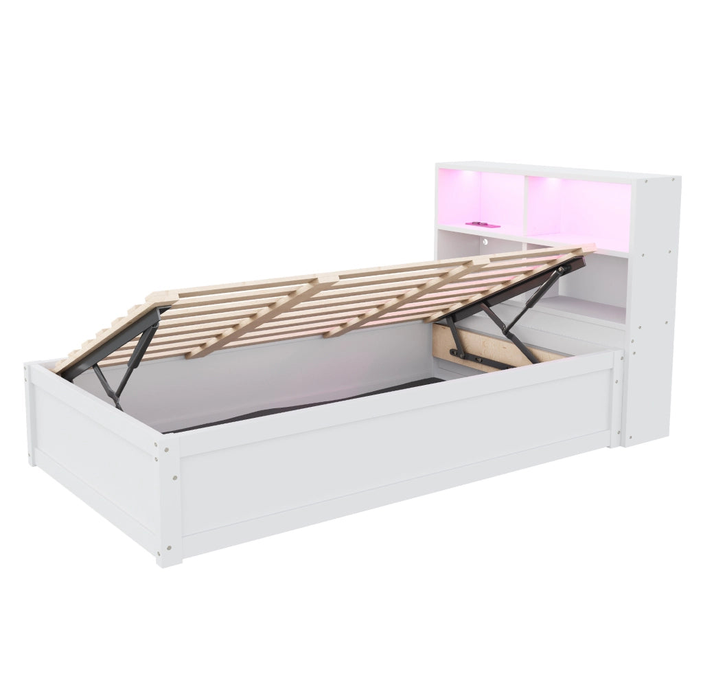 Letto singolo multifunzione 90x200 cm con LED e vani, bianco