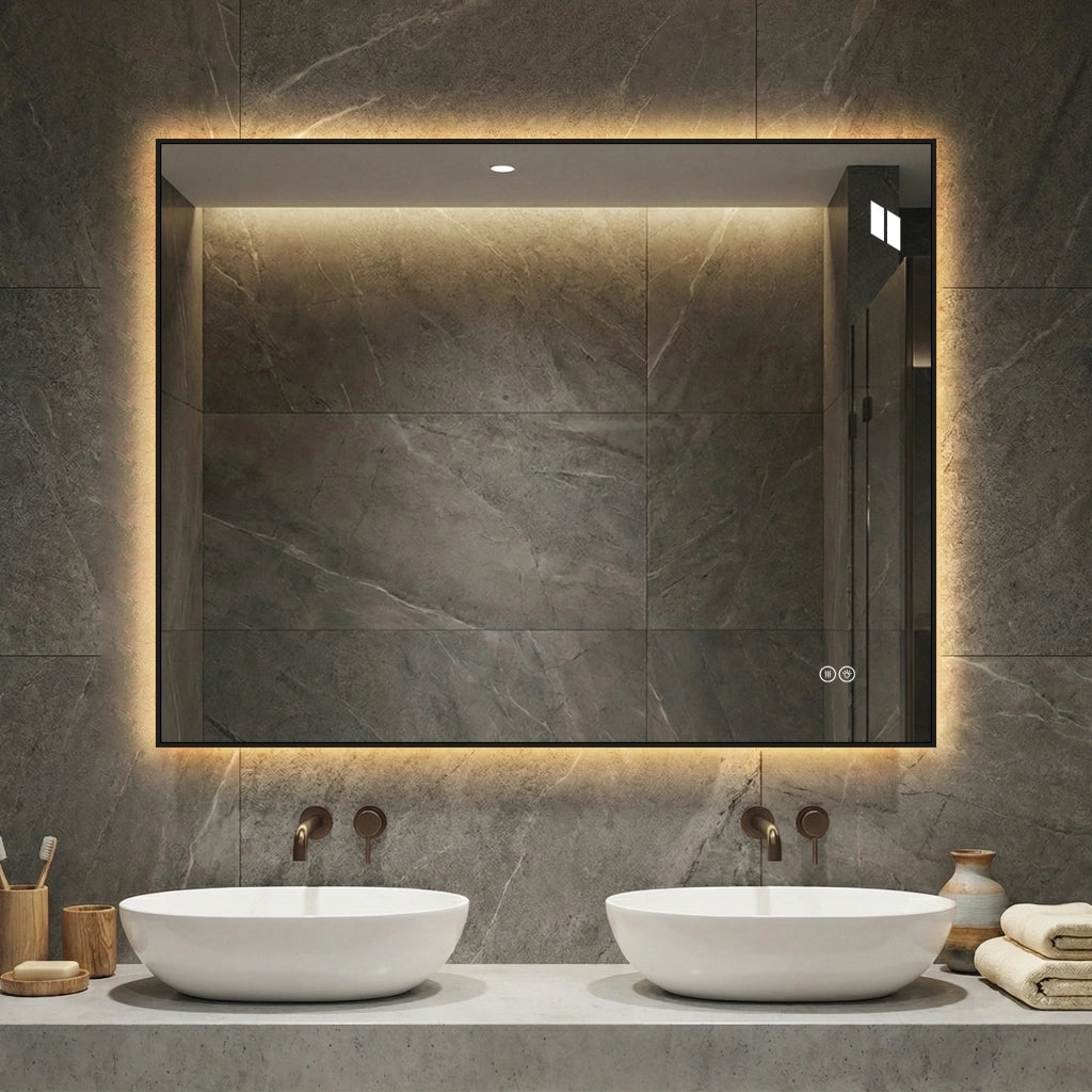 Specchio bagno led 70x90 cm retroilluminato antiappannamento con cornice in alluminio; 3 colori luce; argento