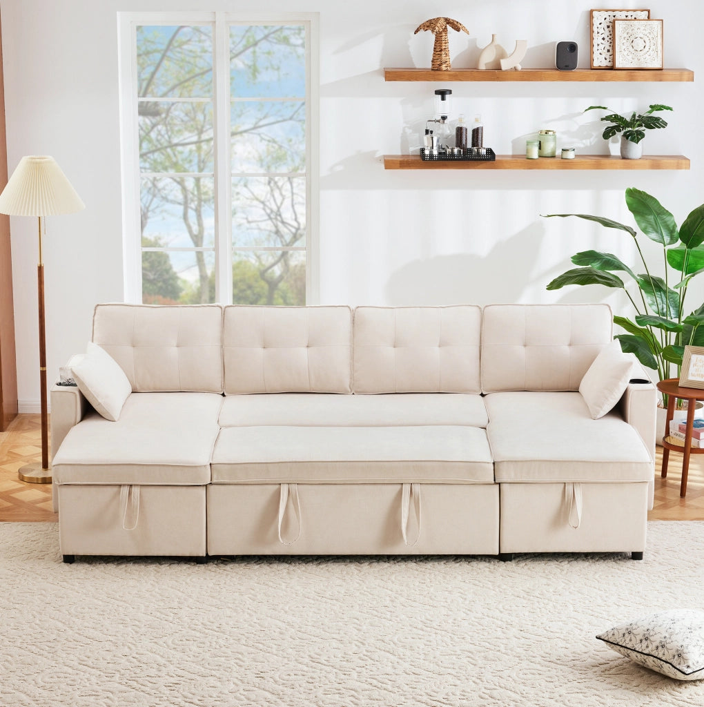 Divano letto U-förmige con contenitore, 4 posti, tessuto cotone-lino, beige, con 2 cuscini