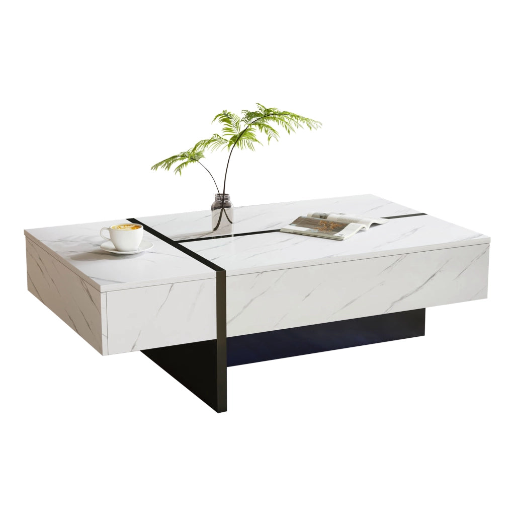 TAVOLO da caffè con LED, 105x60x35 cm, bianco, 3 cassetti