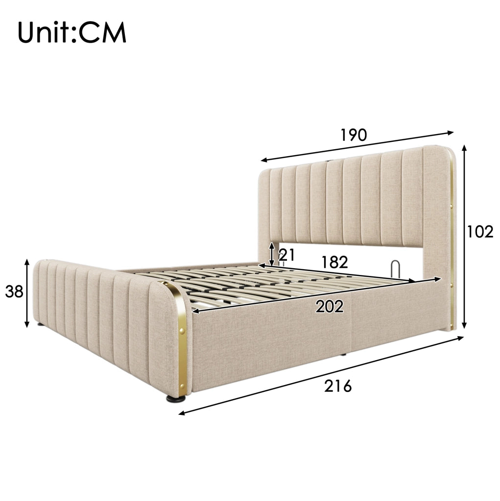 LETTO Contenitore 180x200 cm Beige in lino con USB Type-C