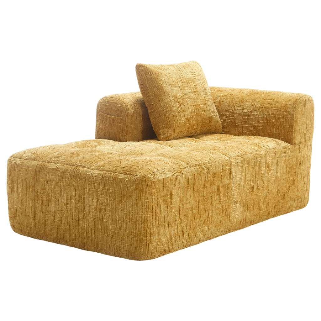 Divano chaise lounge imbottito in chenille giallo, con cuscino e tasche laterali, design moderno