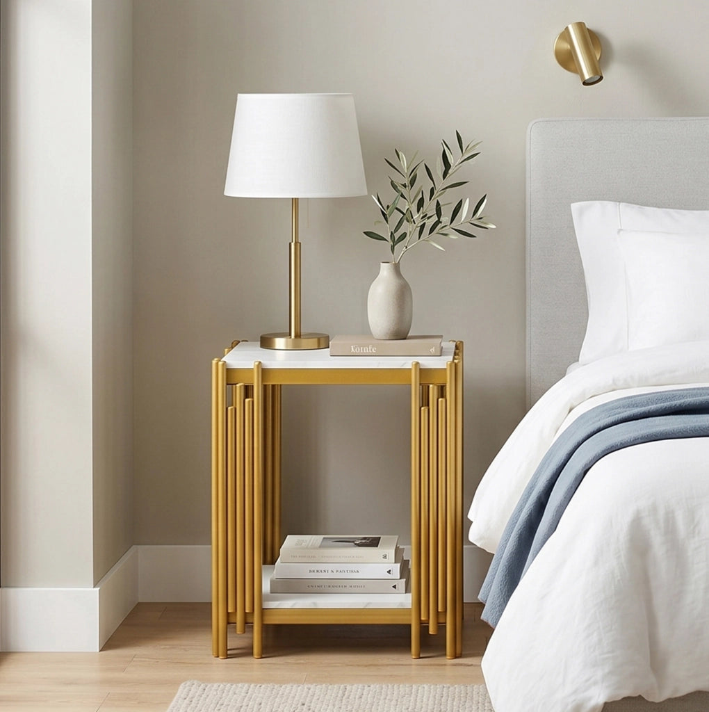 Tavolino con 2 ripiani in MDF effetto marmo bianco e oro
