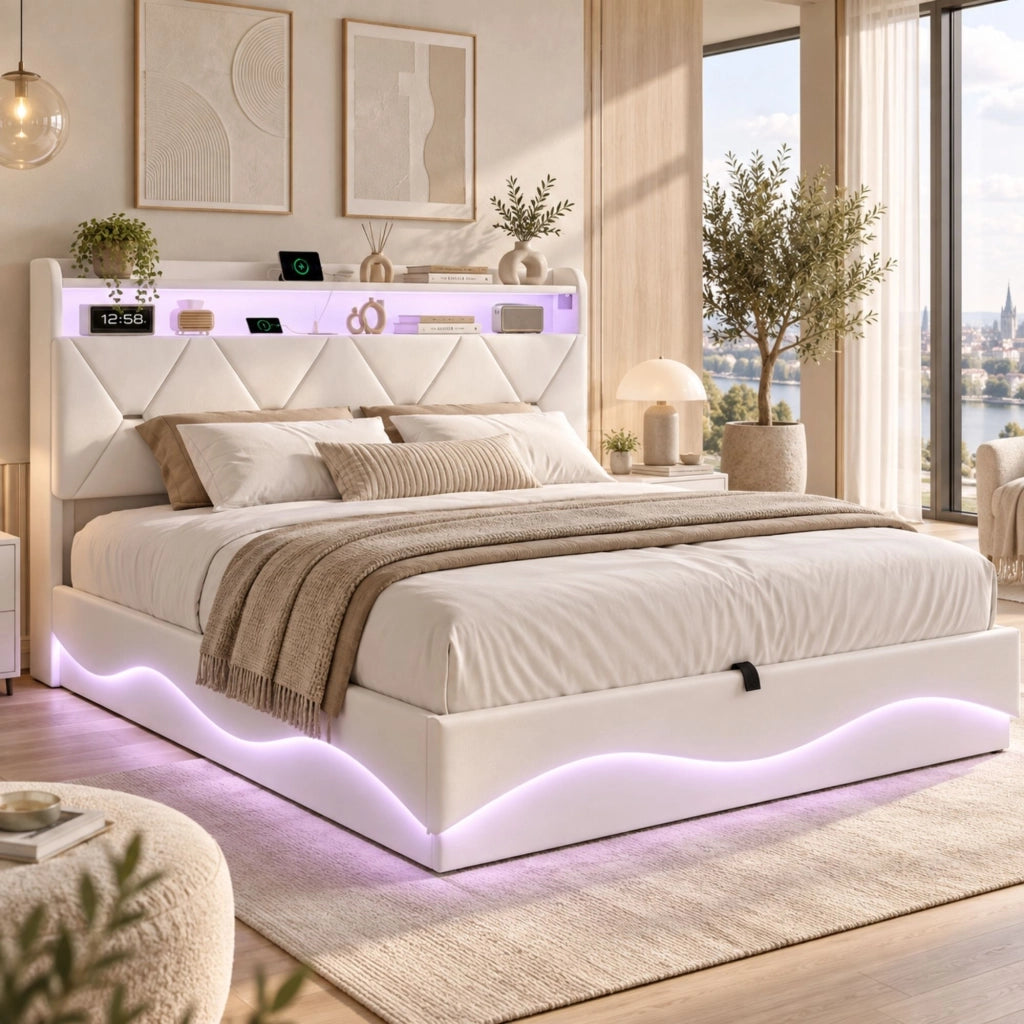 Letto Contenitore Matrimoniale 140x200 cm; Letto imbottito con LED e USB; Letto idraulico con Rete a doghe e Testiera con Contenitore; Veluto; Beige