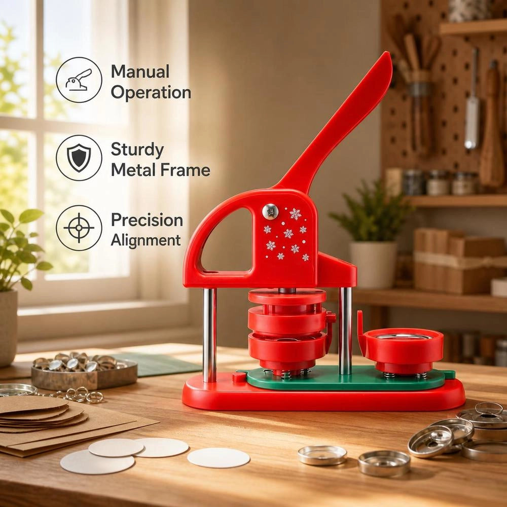 Button Maker, Badge Punch Press, 58 Mm Round, Pin Maker With 100 Button Pieces, Circle Cutter, And Reinforced Ergonomic Handle, DIY Badge Press Machine, Button Maker, Red