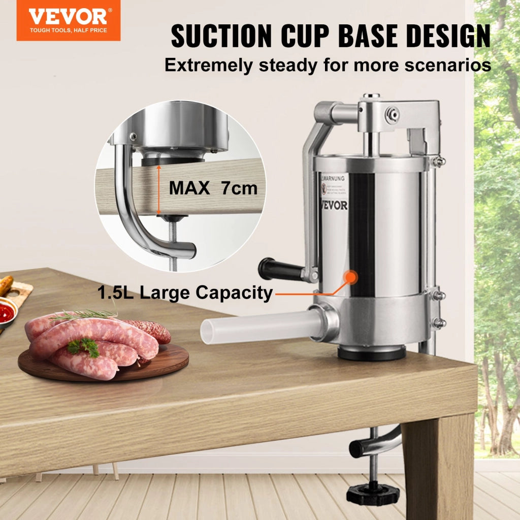 Insaccatrice Manuale Verticale per Salsicce Acciaio Inox 1,5L con Morsetto da Tavolo e 3 Tubi ES-1,5L Robusta Facile da Usare