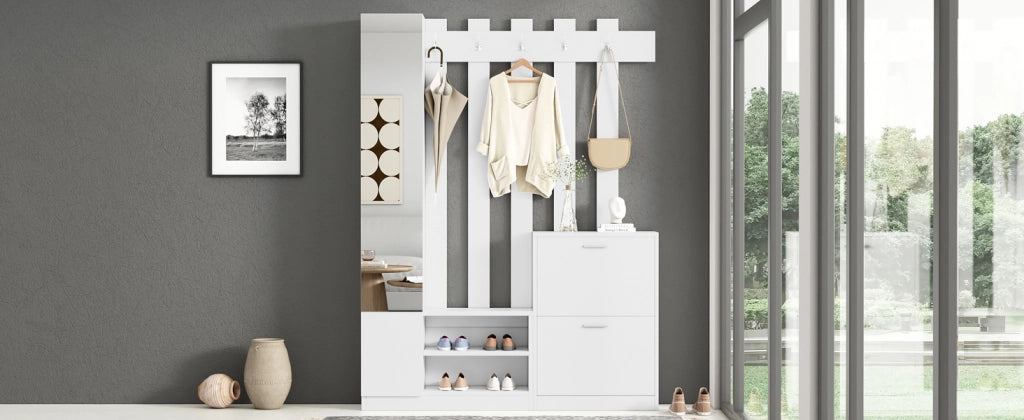 Mobile Ingresso con Specchio e Scarpiera Guardaroba Bianco 135x25x180 cm