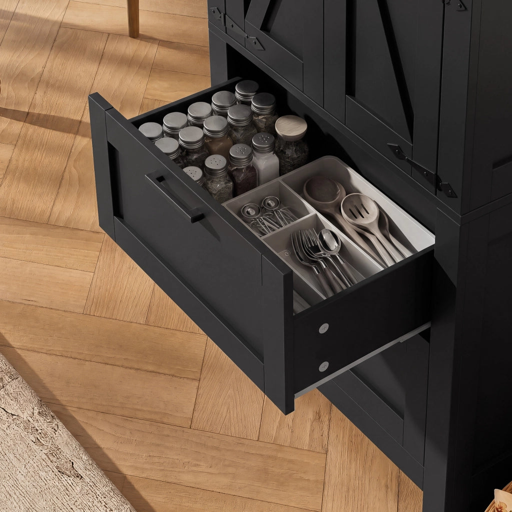 Credenza alta stile rustico con 2 cassetti e ripiani regolabili; MDF; nera