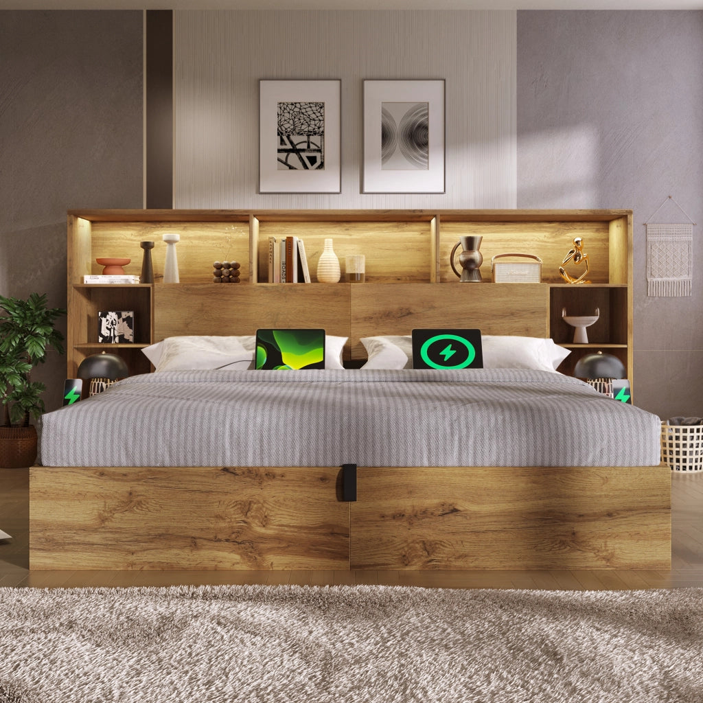 Letto matrimoniale con contenitore e rete a doghe legno rovere con comodini LED USB e USB-C
