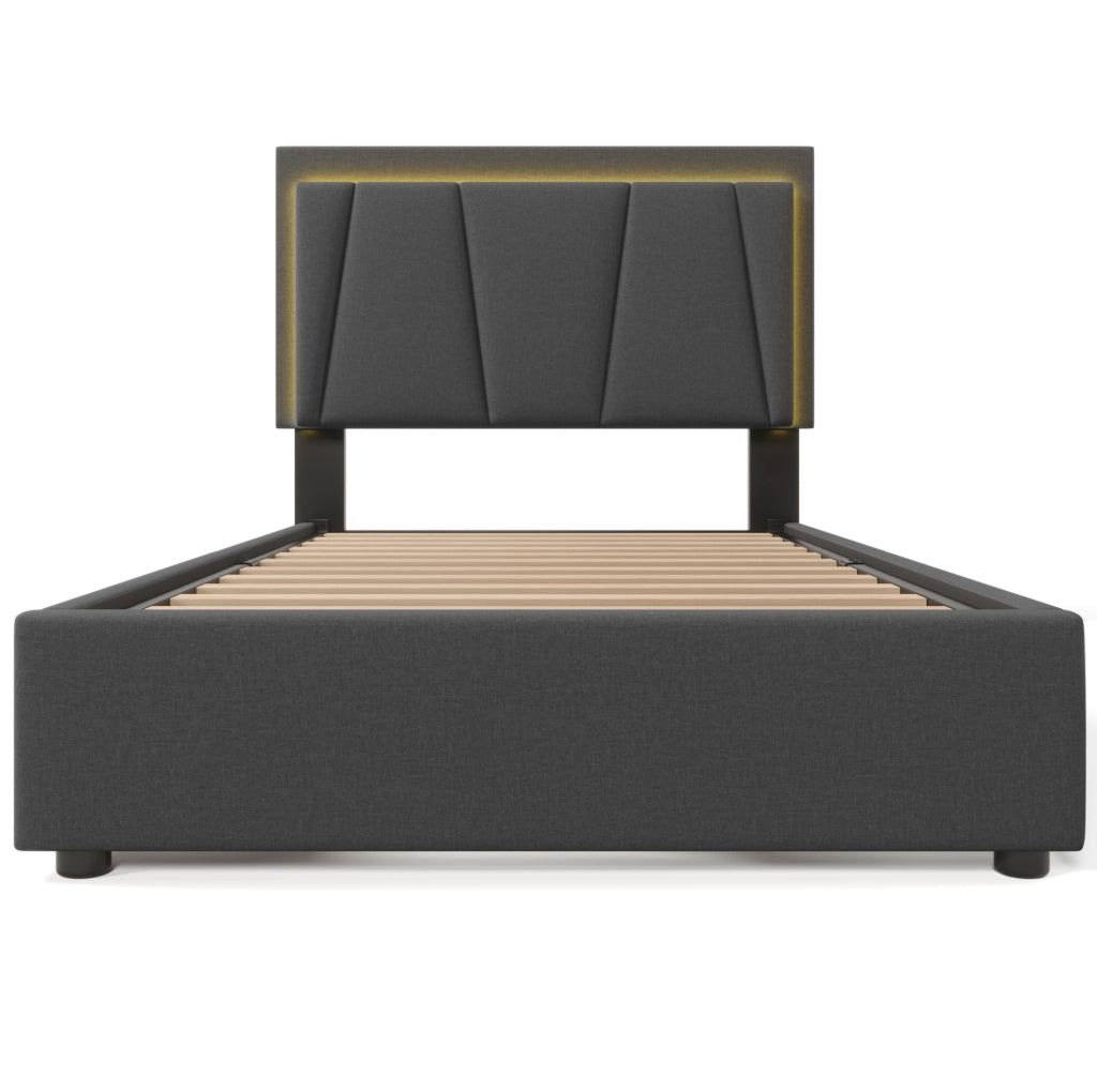 LETTO Singolo 90x200 cm Grigio con LED e 2 cassetti, testiera regolabile
