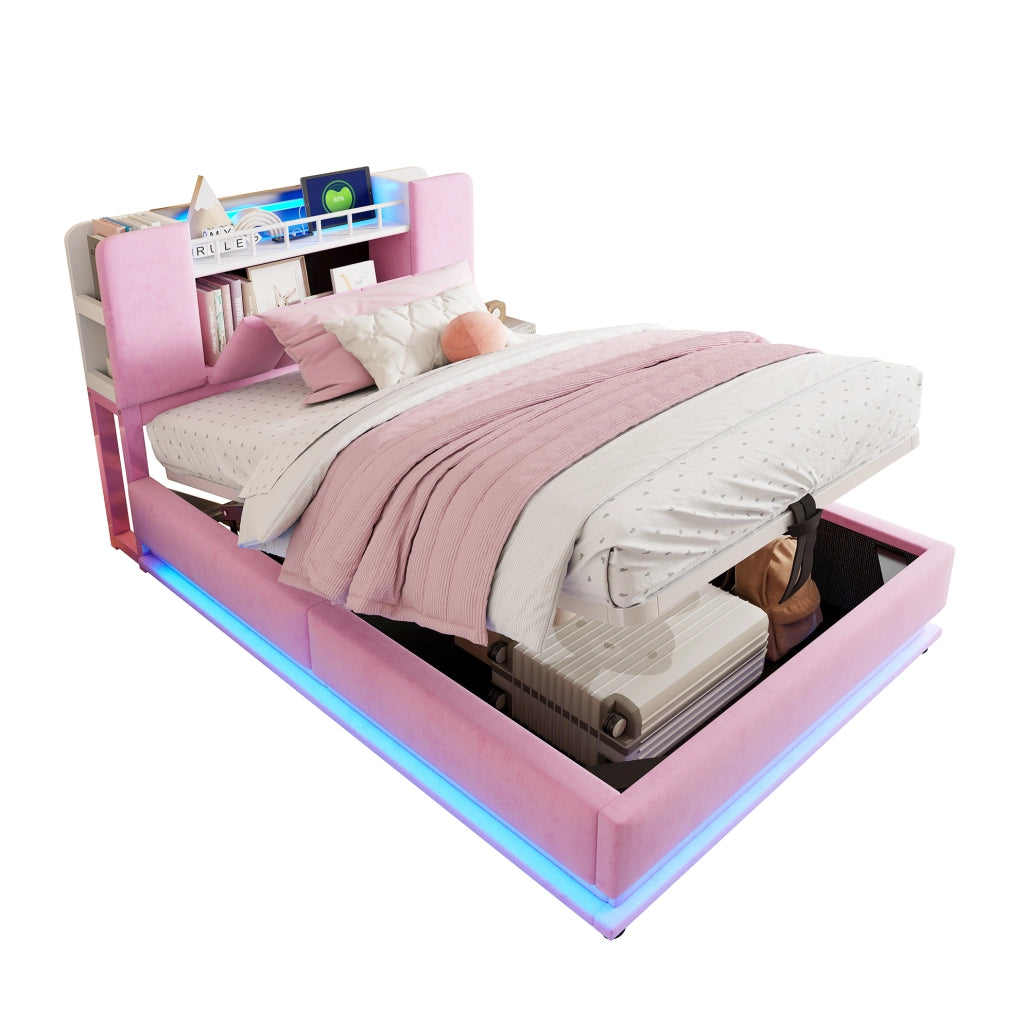 Letto imbottito per bambini con LED, USB e contenitore salvaspazio