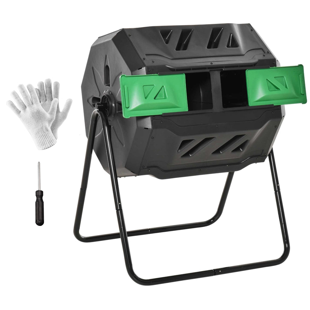 Compostiera da Giardino Girevole 2 Scomparti 160 L, Bidone Compostaggio in Plastica e Metallo, 71 cm x 65 cm x 96 cm, Verde e Nero