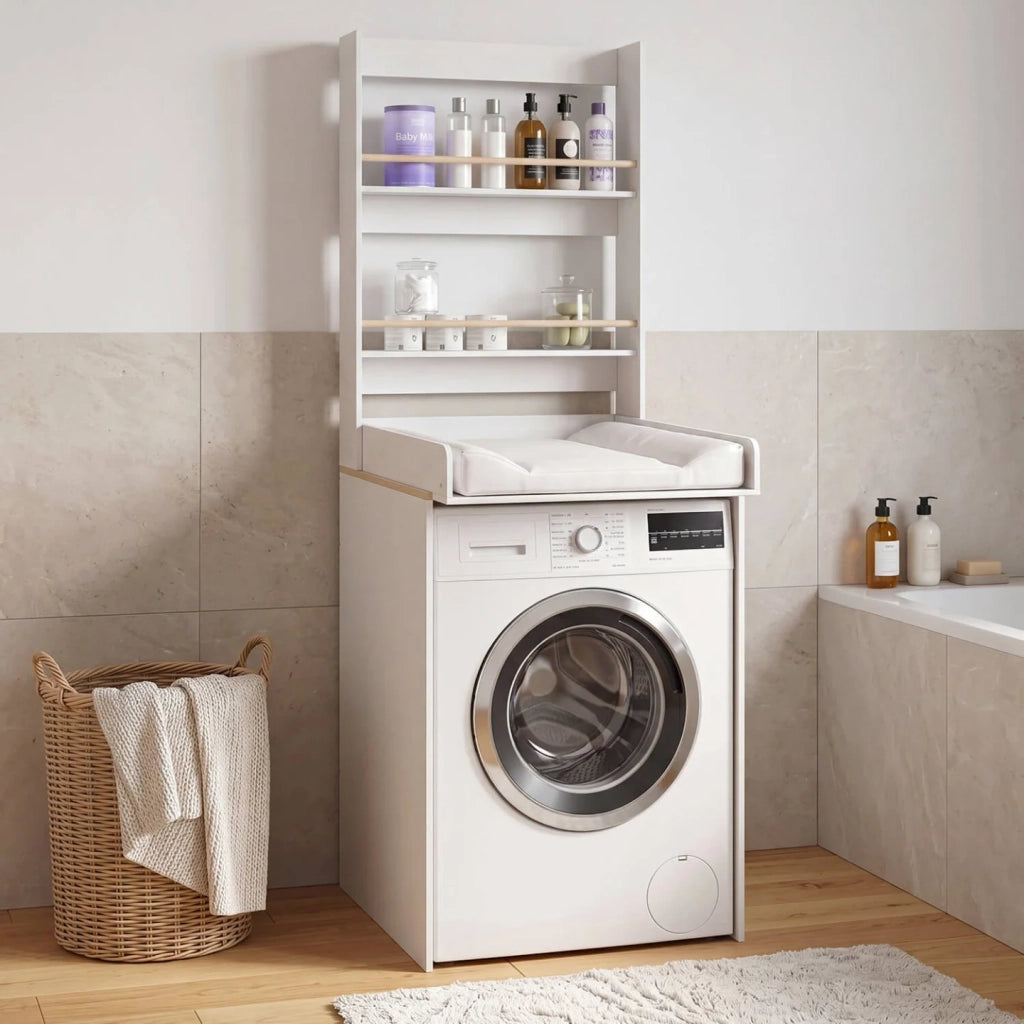 IDMarket - Fasciatoio modulabile AMBRE, da posizionare sopra la lavatrice, finitura in faggio e bianco, con 2 ripiani e piano fasciatoio ri