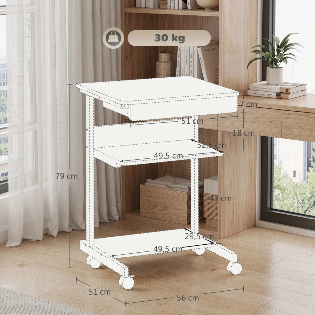 Scrivania per computer con ruote, 56x51 cm, con cassetto, ripiano e supporto CPU, per ufficio e home office, bianca