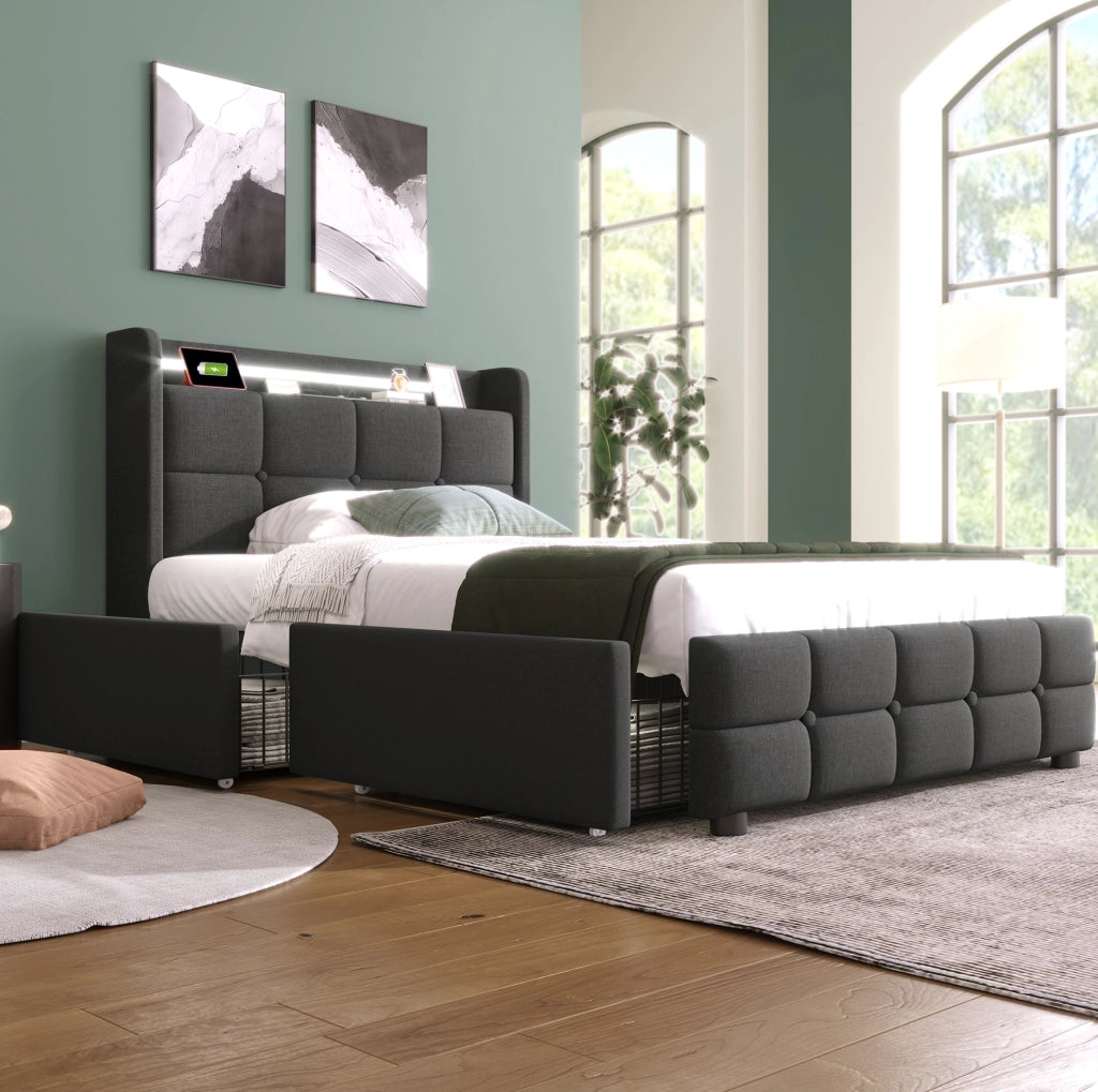 Letto singolo imbottito grigio 90 x 200 cm con LED, prese, USB e 2 cassetti