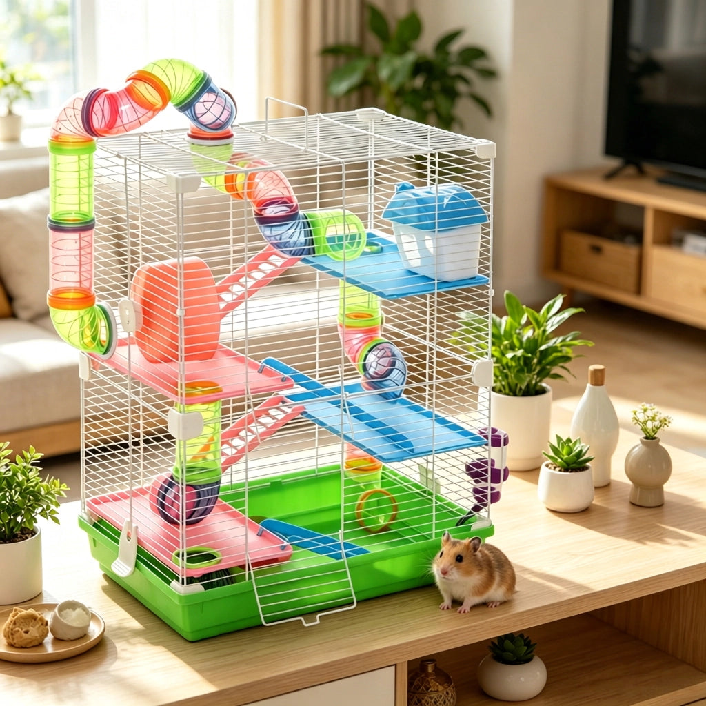 Gabbia per criceti a 4 livelli con scale, tunnel e ruota in metallo e polipropilene verde 46 × 30 × 58 cm
