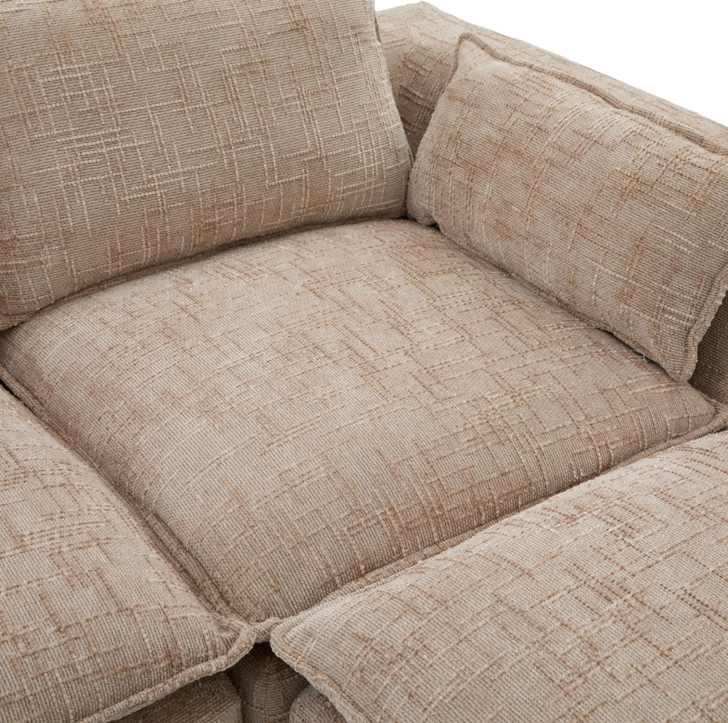 Divano modulare 4 posti in tessuto chenille kaki con 2 pouf, cuscini, portabicchieri e tasche laterali