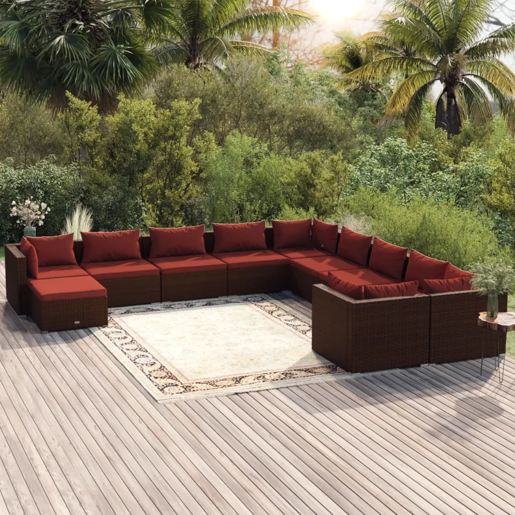 Set Divani da Giardino 11 pz con Cuscini in Polyrattan Marrone 3102707
