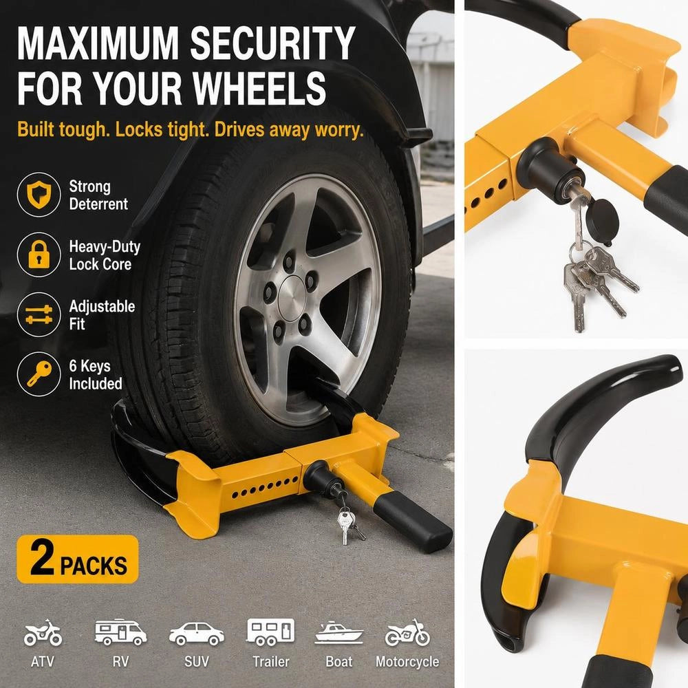 Wheel Clamp, Parking Clamp, 2 Pieces, Immobilizer, 9 Adjustable Positions, With 6 Keys For Cars, SUVs, Off-road Vehicles, Trailers, Tire Clamp, Immobilizer, Anti-theft Device, Wheel Clamp, Wheel Lock, Yellow