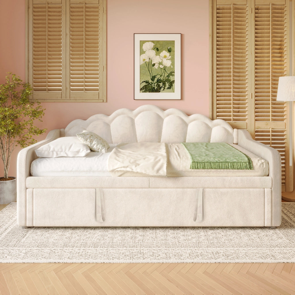 Letto estraibile singolo in velluto beige 90 × 200 cm con LED multicolore e secondo letto