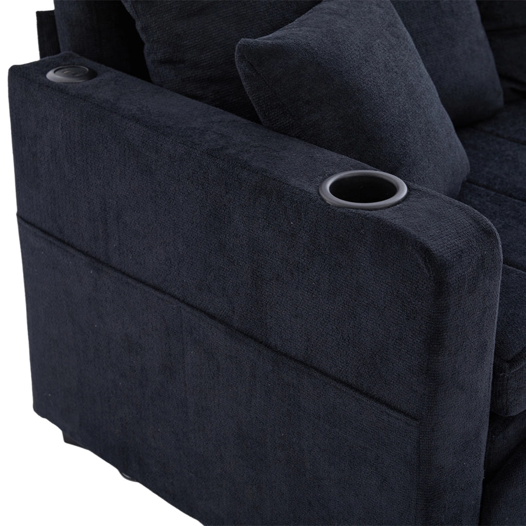 Divano letto 2 posti 139 cm, 4 cuscini, tasche contenitore, ciniglia nera, USB