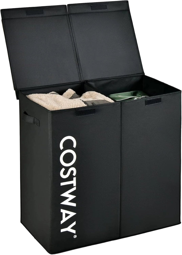 105 L Cesto Portabiancheria con Coperchio, Portabiancheria Sporca con 2 Scomparti e Maniglie, in Tessuto Non Tessuto, Ideale per Bagno Lavanderia, 62 x 31 x 60 cm (Nero)