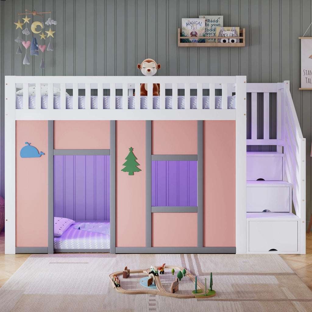 Letto a soppalco basso 90x200 cm bianco e rosa con scala contenitore; LED e spazio gioco