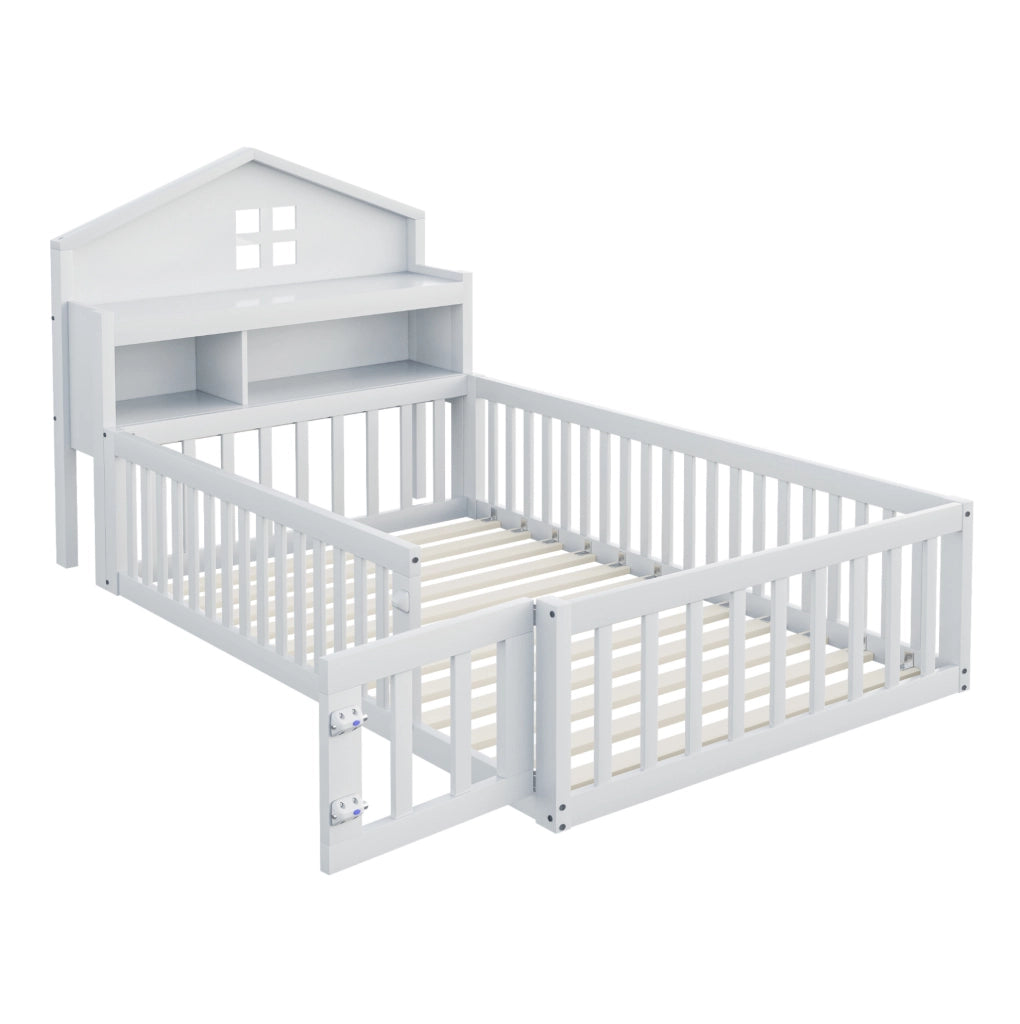 Letto per bambini 90x200 cm a casetta con lavagna, ripiani e barriera bianco