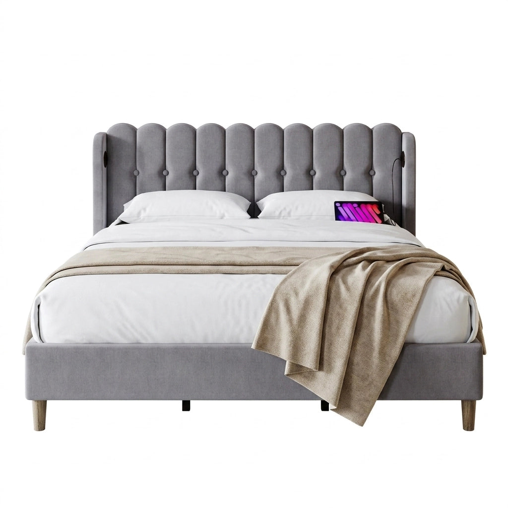 Letto matrimoniale imbottito grigio 180x200 cm con USB e USB-C
