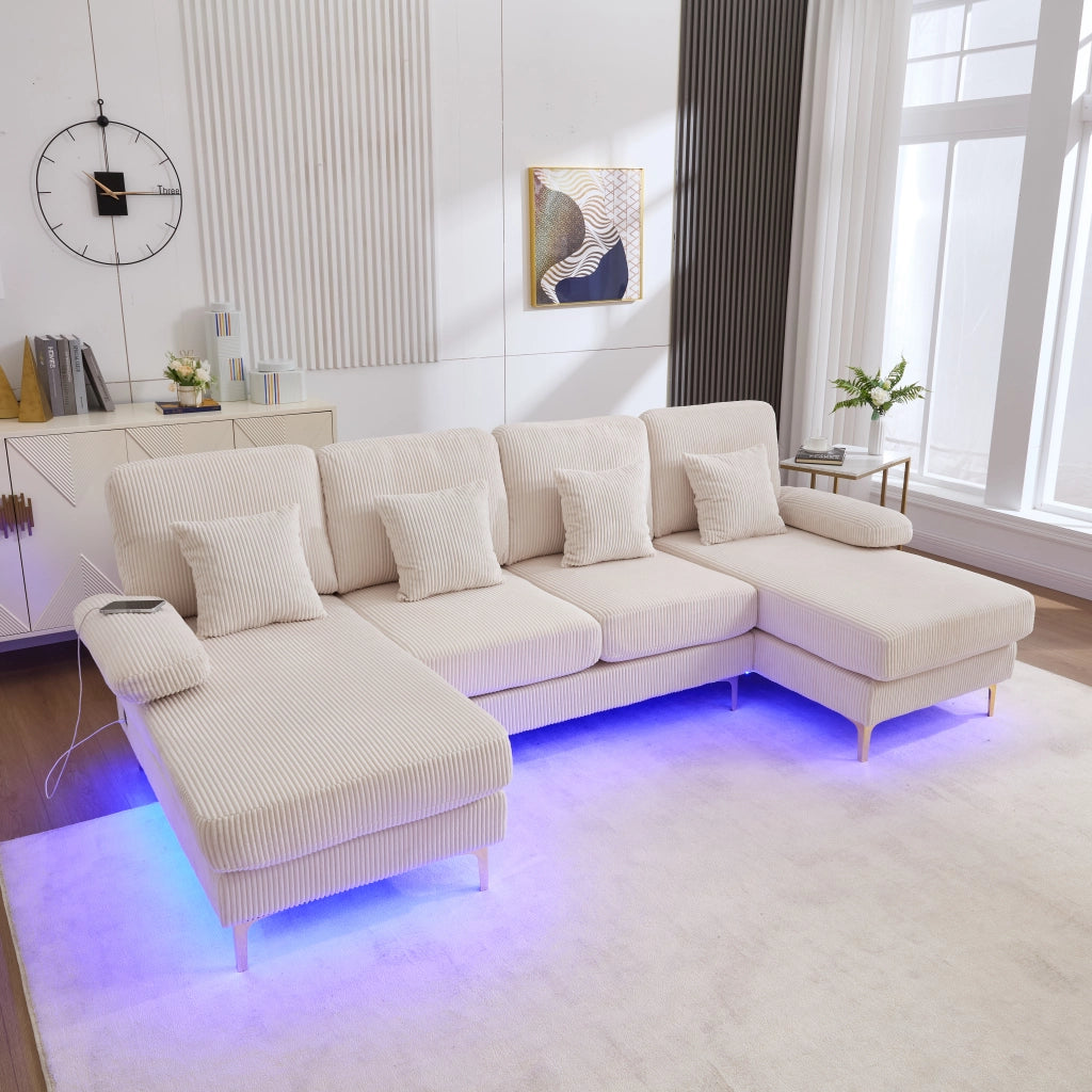 OKWISH Divano Panoramico a U, Schienale Ergonomico con Illuminazione LED e Porta USB, Velluto Beige, 265 × 135 × 88 cm