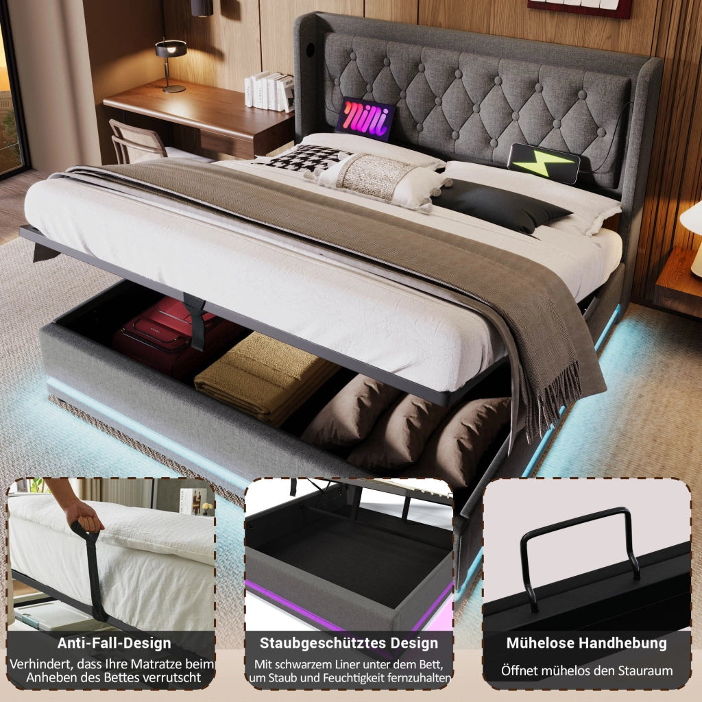 Letto matrimoniale contenitore 160x200 cm in cotone grigio con LED; USB e Type-C