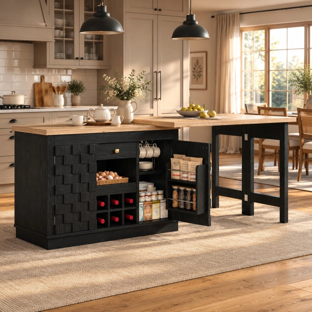 Isola cucina girevole 120-197 cm con tavolo estraibile, cassetto e portabottiglie nero HAVRYA