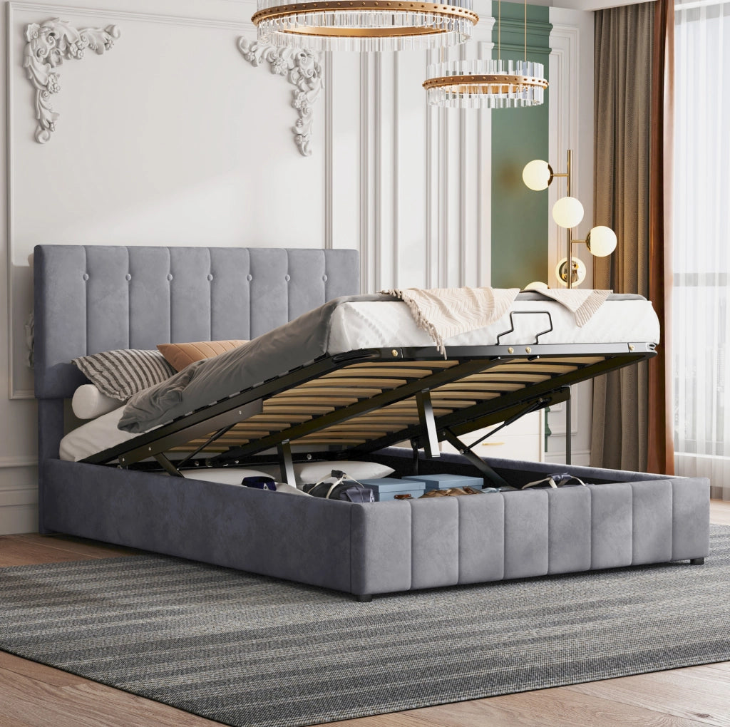 Letto matrimoniale imbottito 140x200 cm con contenitore grigio