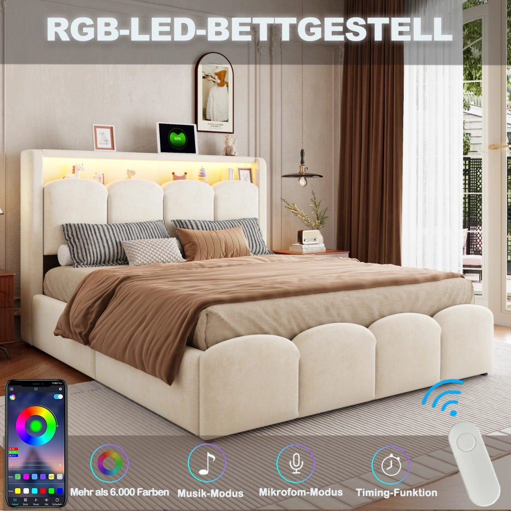 Letto matrimoniale imbottito 140 × 200 cm con contenitore idraulico velluto beige USB e Type-C LED