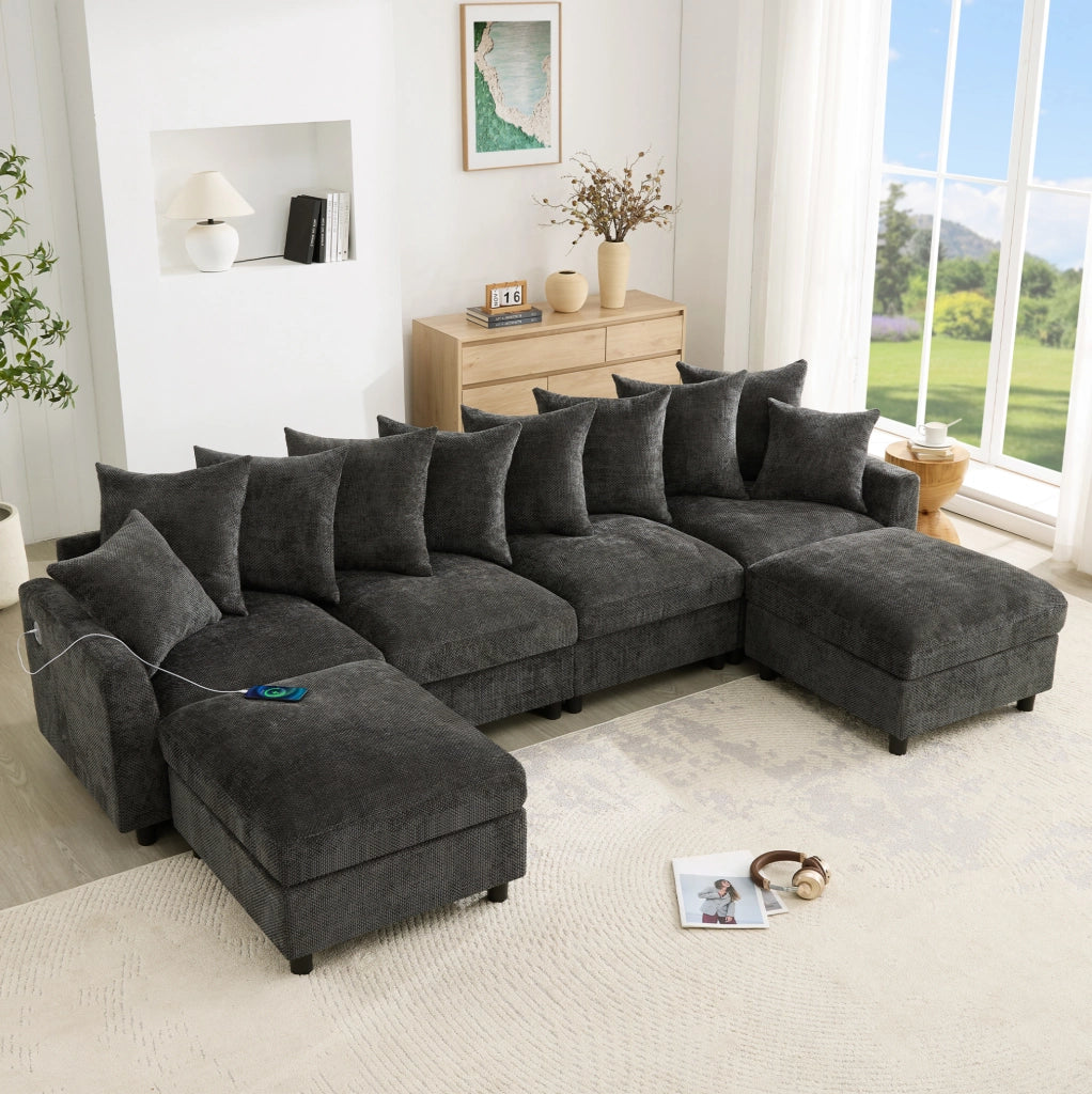 Divano modulare ULEVR 6 posti a U o L con 2 pouf, USB e Type-C, cuscini regolabili, chenille grigio