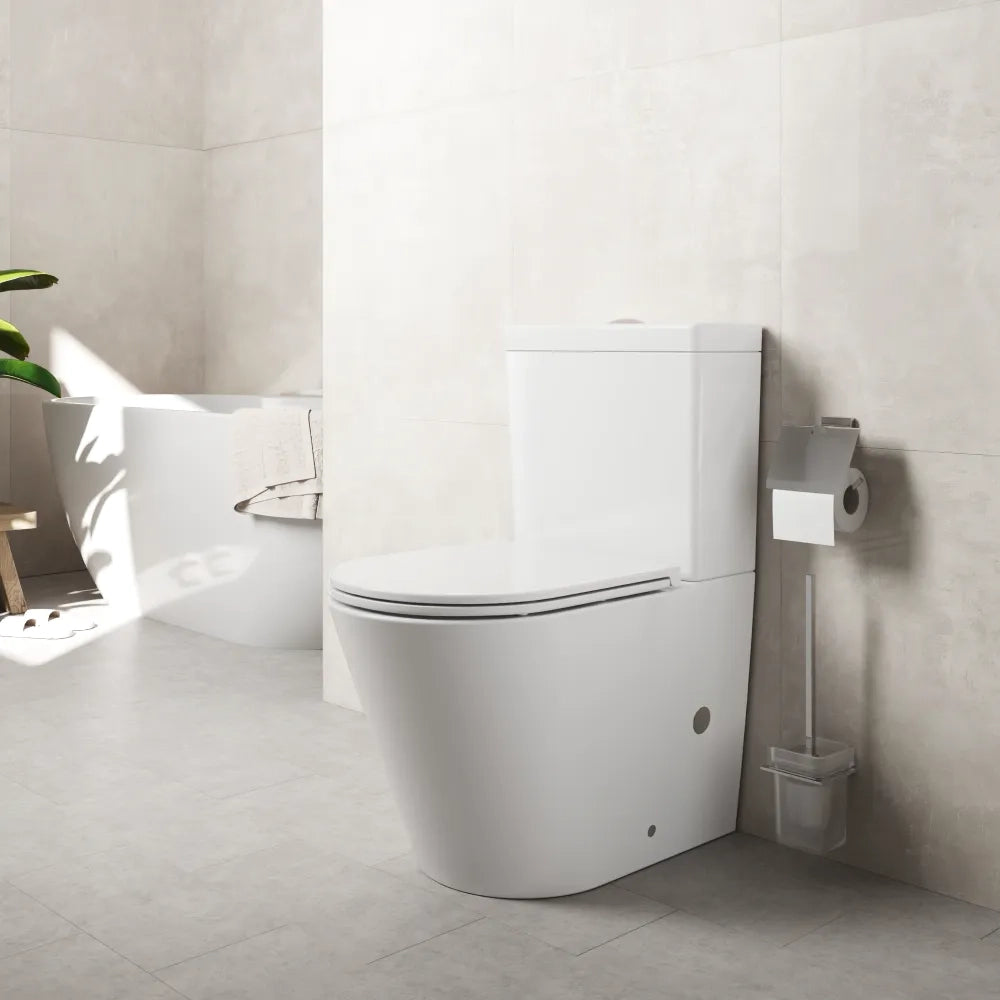 Vaso filomuro monoblocco rimless con cassetta e sedile copri-wc bianco lucido | Vienna