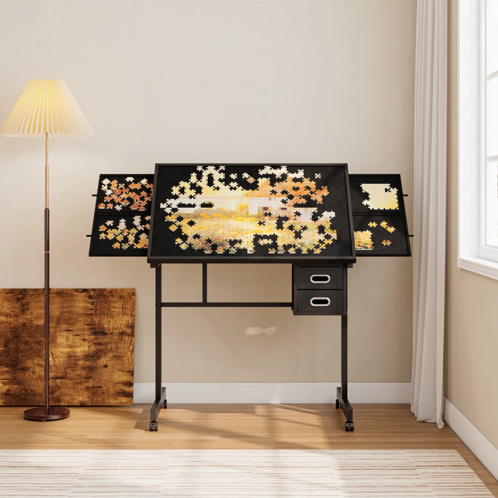 Tavolo per puzzle fino a 1000 pezzi con copertura in legno; 4 ruote; 6 cassetti e piano nero in MDF e metallo