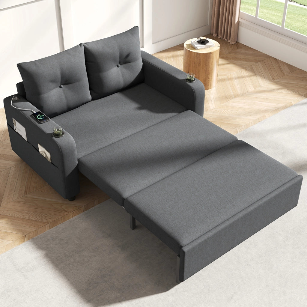 Divano letto a 2 posti 3 in 1 grigio in tessuto effetto lino con porte USB e Type-C e 2 portabevande laterali
