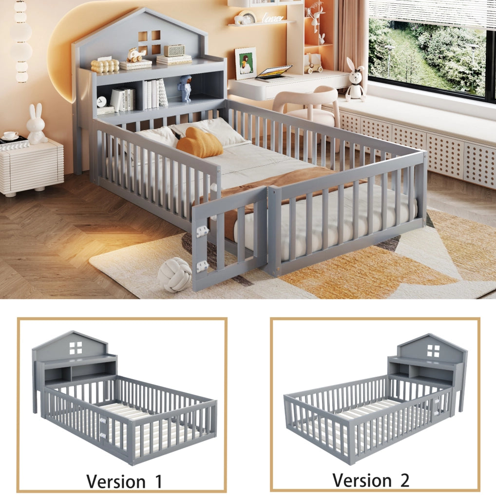 Letto per bambini 90x200 cm a casetta con protezione, ripiani e lavagna grigio
