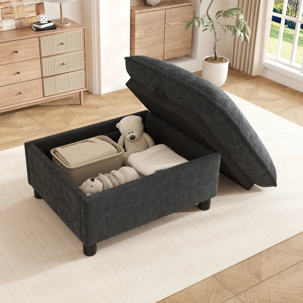 Pouf contenitore imbottito in ciniglia grigio con gambe da 8 cm, 98 × 65 × 48 cm per soggiorno e camera