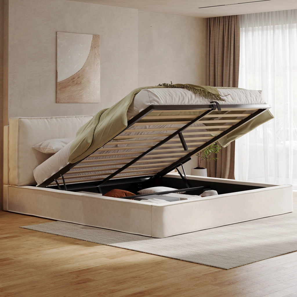 Letto matrimoniale imbottito con contenitore idraulico, chenille beige