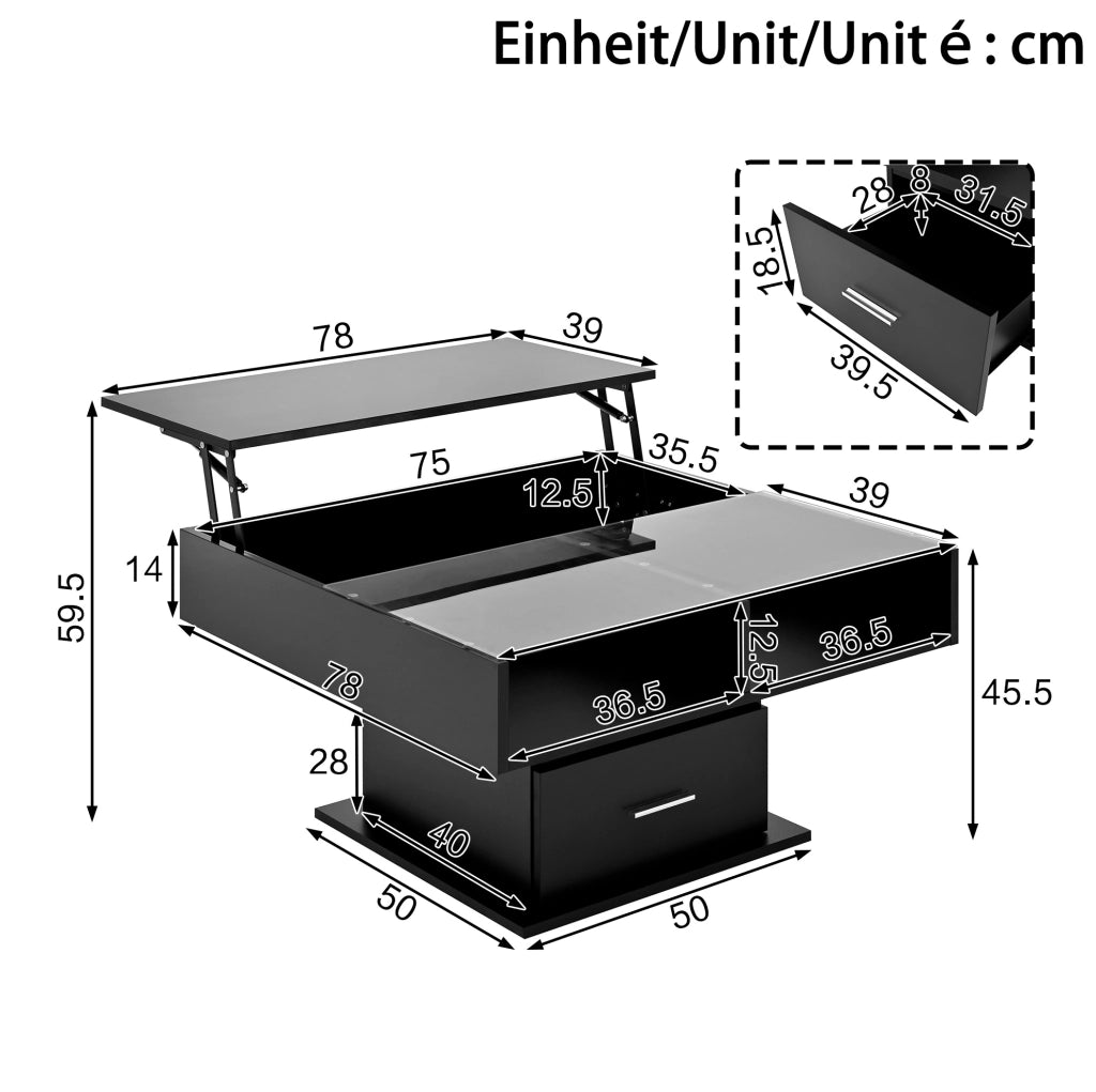 TAVOLINO da caffè alzabile 78x78 cm nero con LED e contenitore