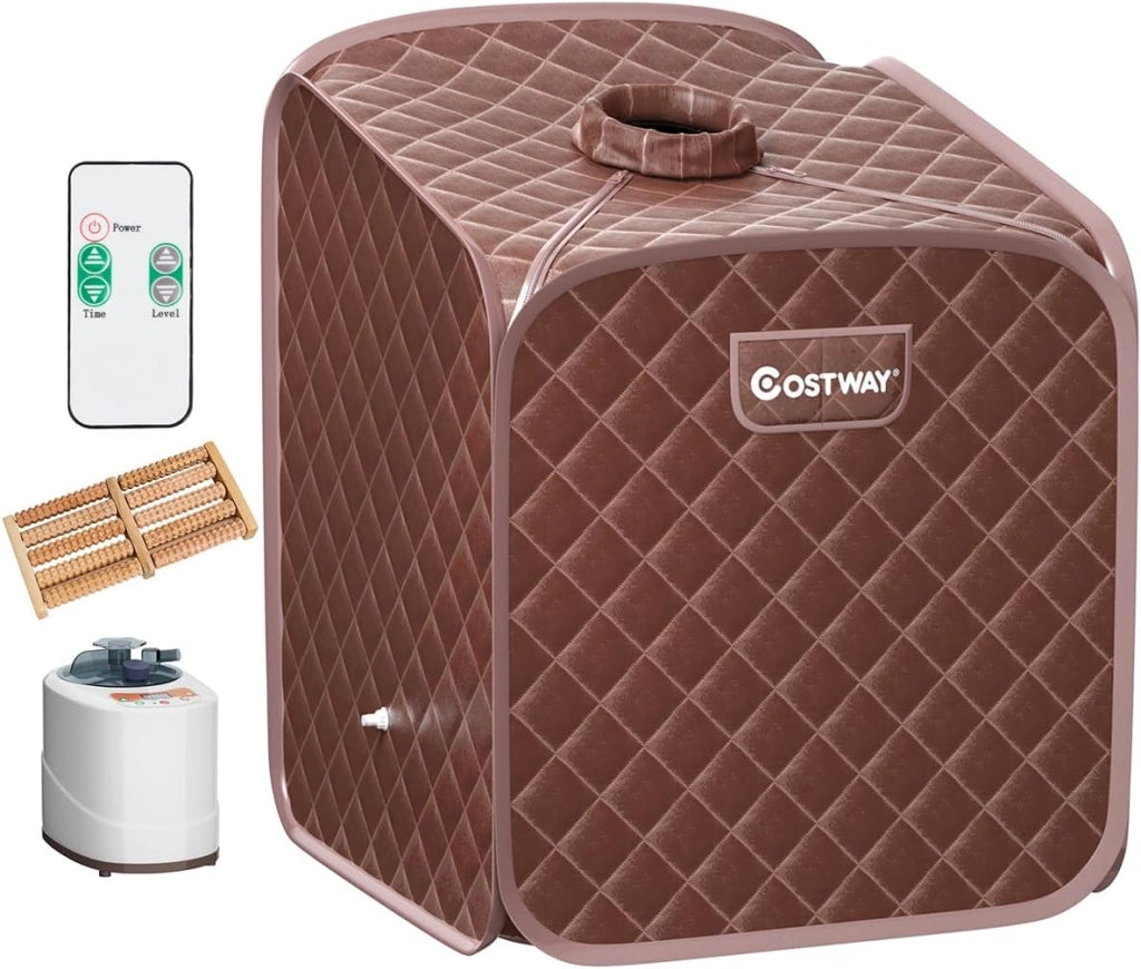 Sauna a Vapore Portatile con Telecomando, Cabina Sauna a Vapore Pieghevole con Sedia e 9 Livelli di Temperatura, Telaio in metallo (Caffè)