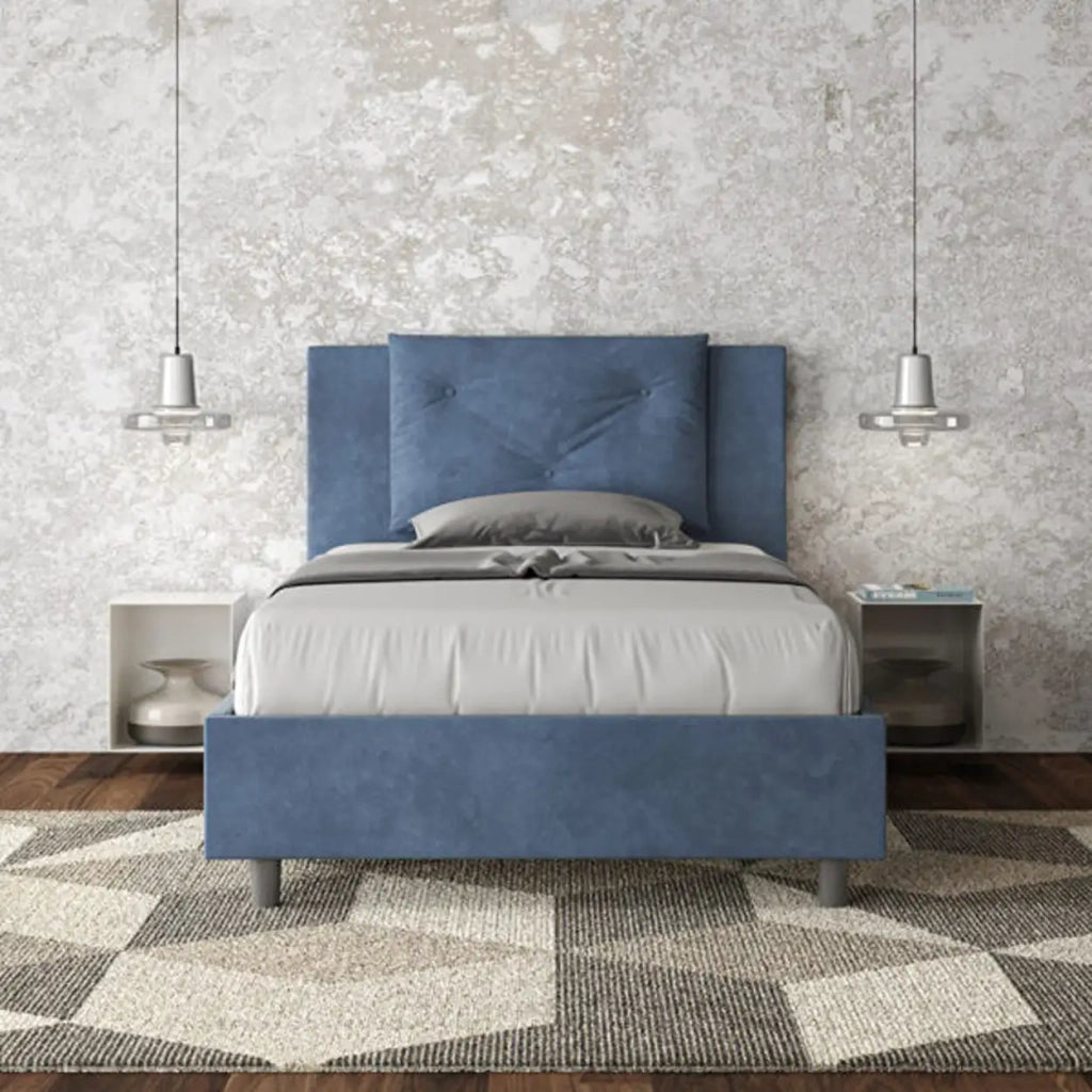 Letto una piazza e mezza con rete imbottito 120x200 microfibra blu Appia