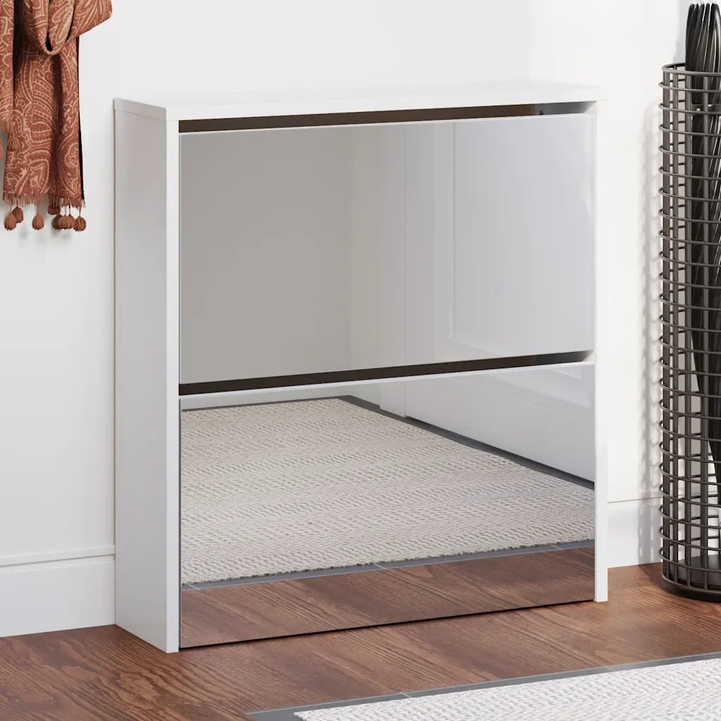 Scarpiera | Mobile per scarpe con 2 Ripiani e Specchio Bianco 63x17x67 cm